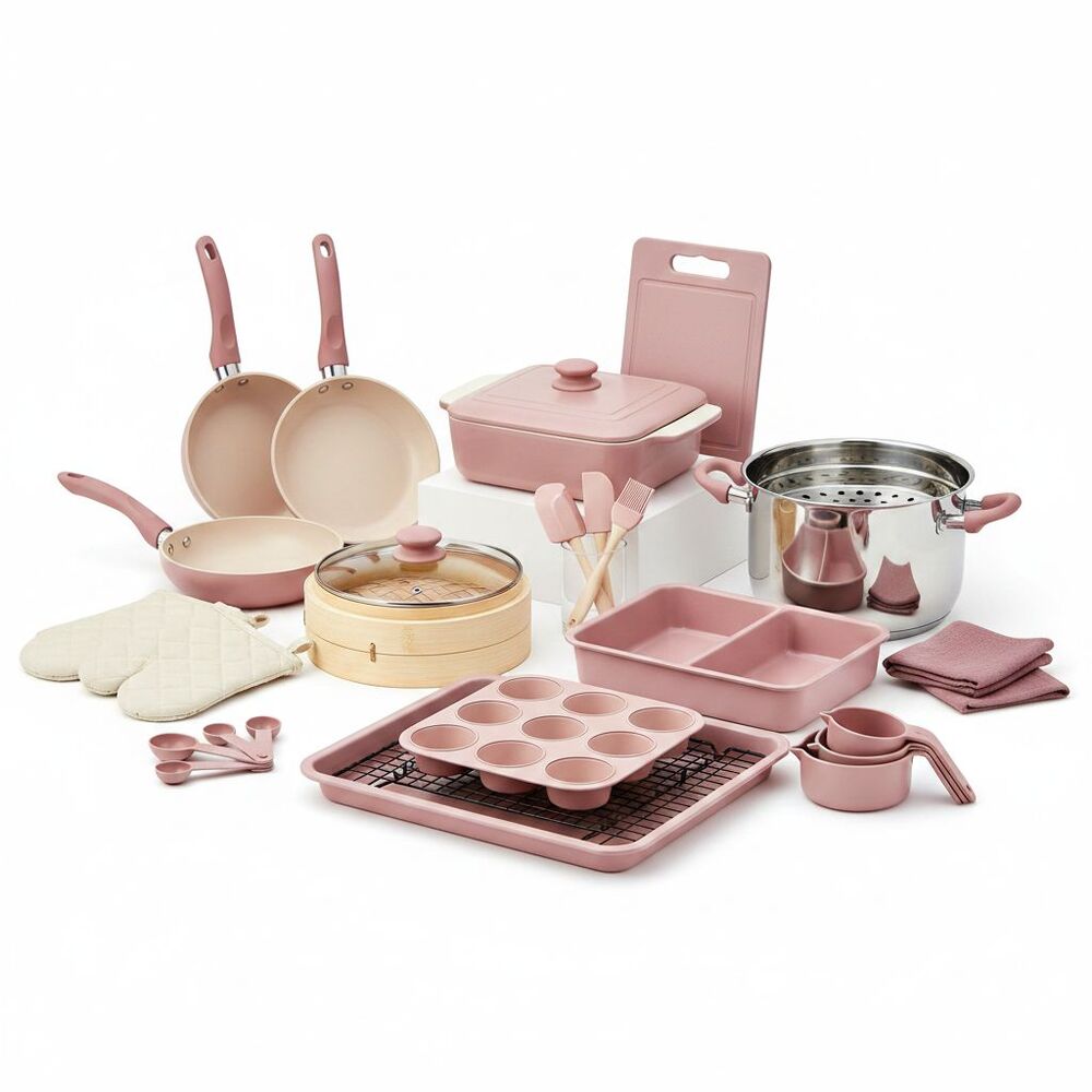 NutriChef 34-Piece Complete Kitchen Set – Pink Ceramic Cookware, Bakeware & Acce